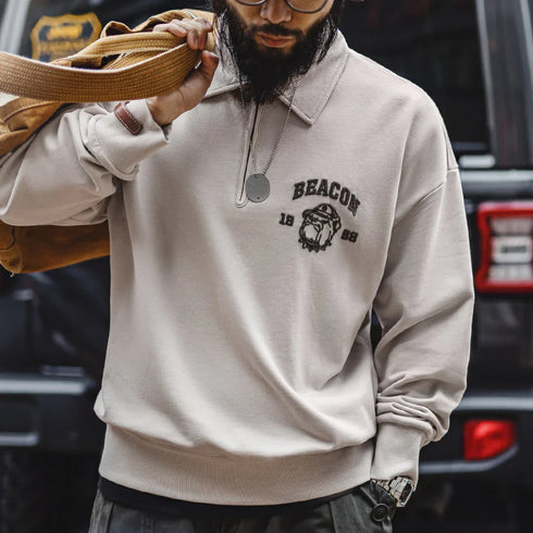 Vintage Embroidered Half-Zip Sweatshirt with Collar, perfect for casual spring wear.
